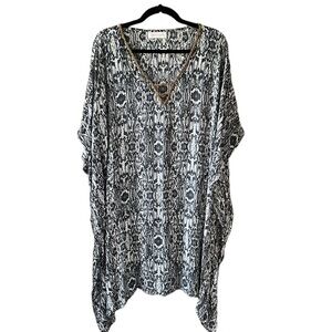 Beachgold Snake Print Beaded Collar Swim Cover Kaftan Mini Dress M/L Gray Cream